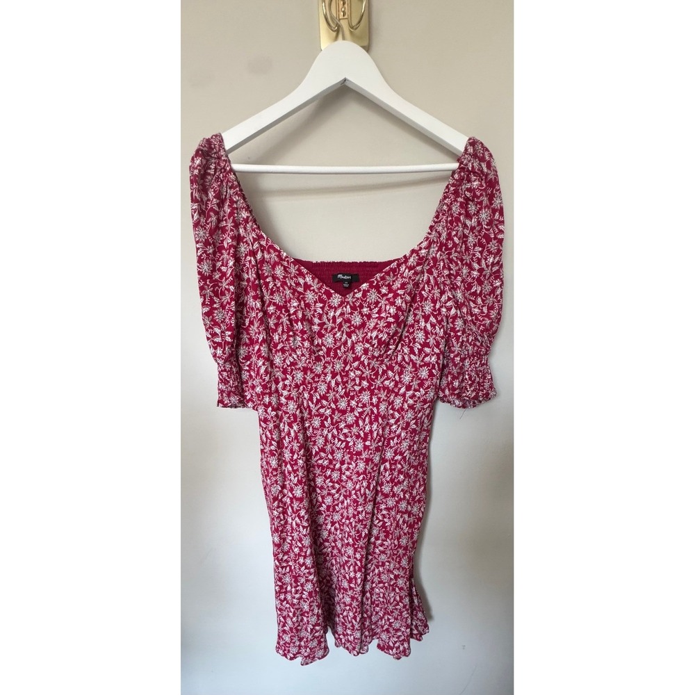 Madewell Red‎ Floral Puff Sleeve Smocked Mini Dress Size 14 Sweetheart Neck - Picture 2 of 8